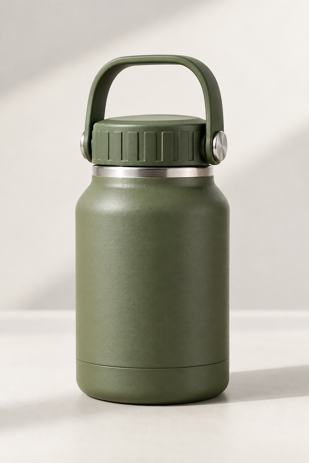 Compact olive green insulated flask with carry handle and wide mouth cap