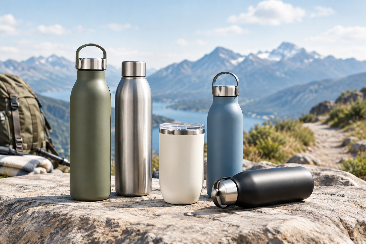 Outdoor flasks with clean modern shapes in brushed metal finishes shown in a light mountain trail setting