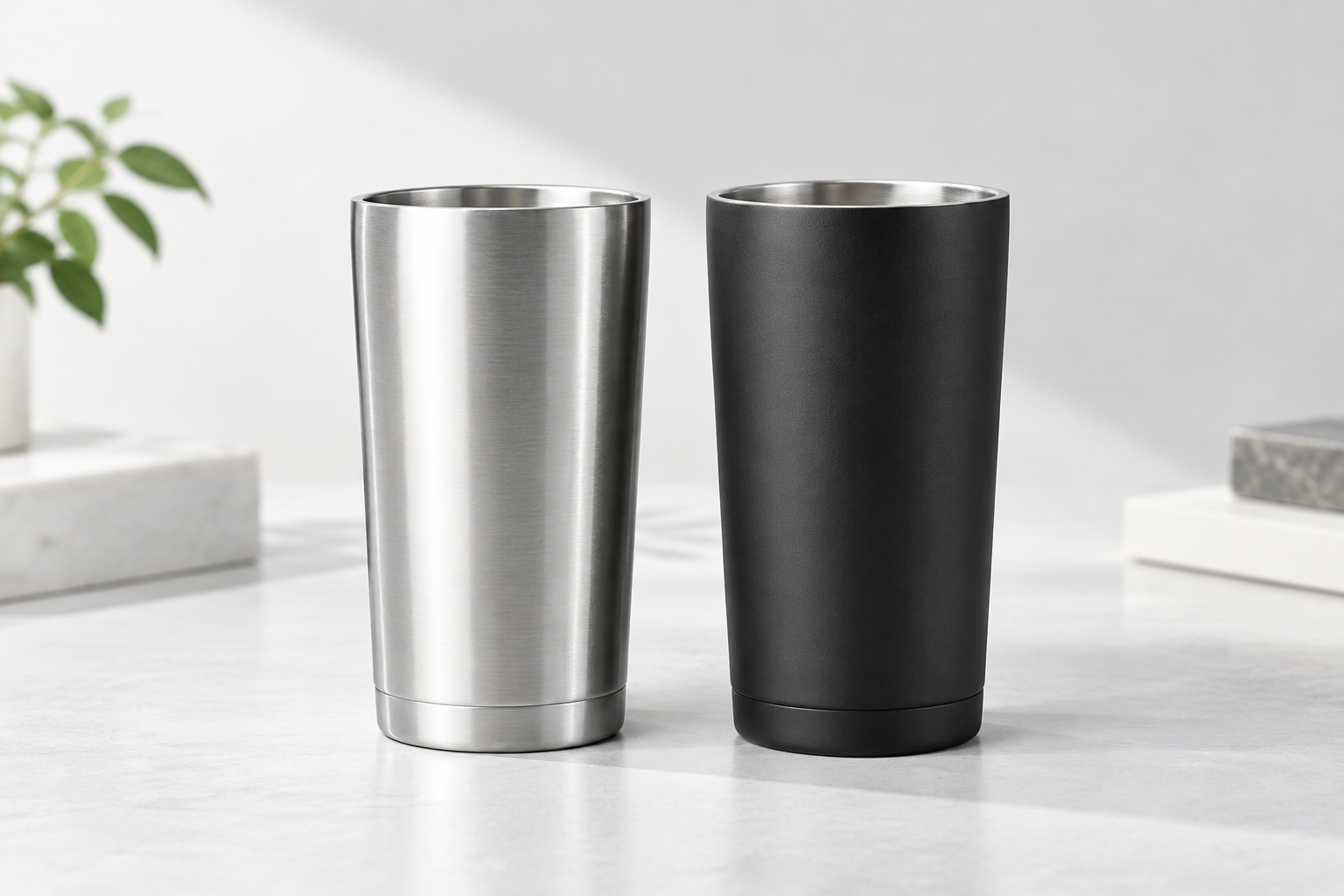 Pair of classic stainless steel tumblers in silver and black with clean straight-wall silhouettes, photographed for wholesale catalog display
