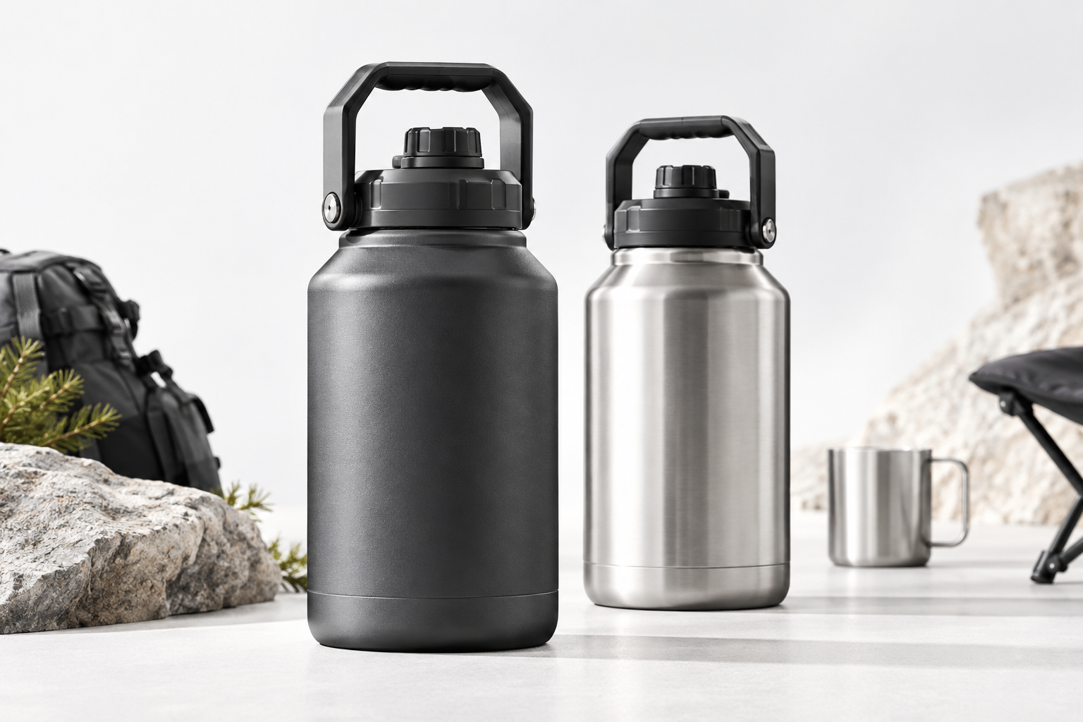 Large-capacity handled hydration jugs with rugged lids and side grips, commercial product image on bright studio background