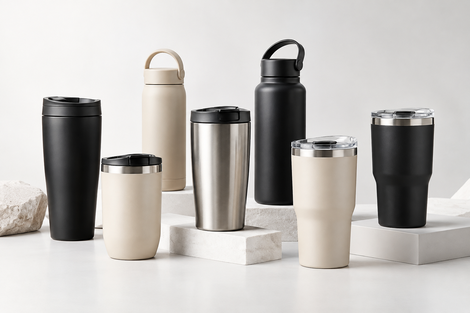 Set of modern insulated travel cups with lids in mixed matte finishes, catalog product photo on bright neutral backdrop