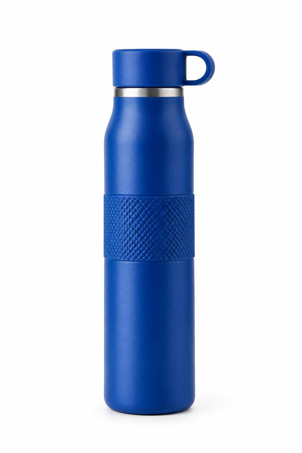 Slim cobalt blue sport bottle with screw cap and textured grip detail on white studio background