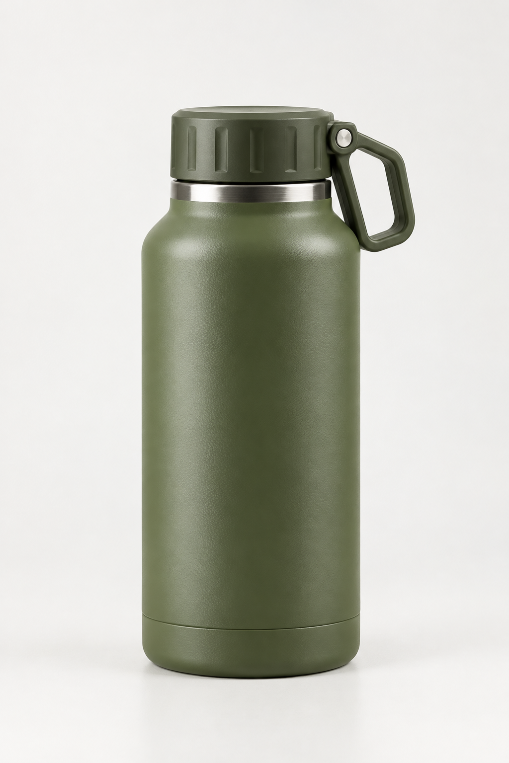 Olive green insulated sport bottle with wide mouth cap and side handle shown in bright product lighting