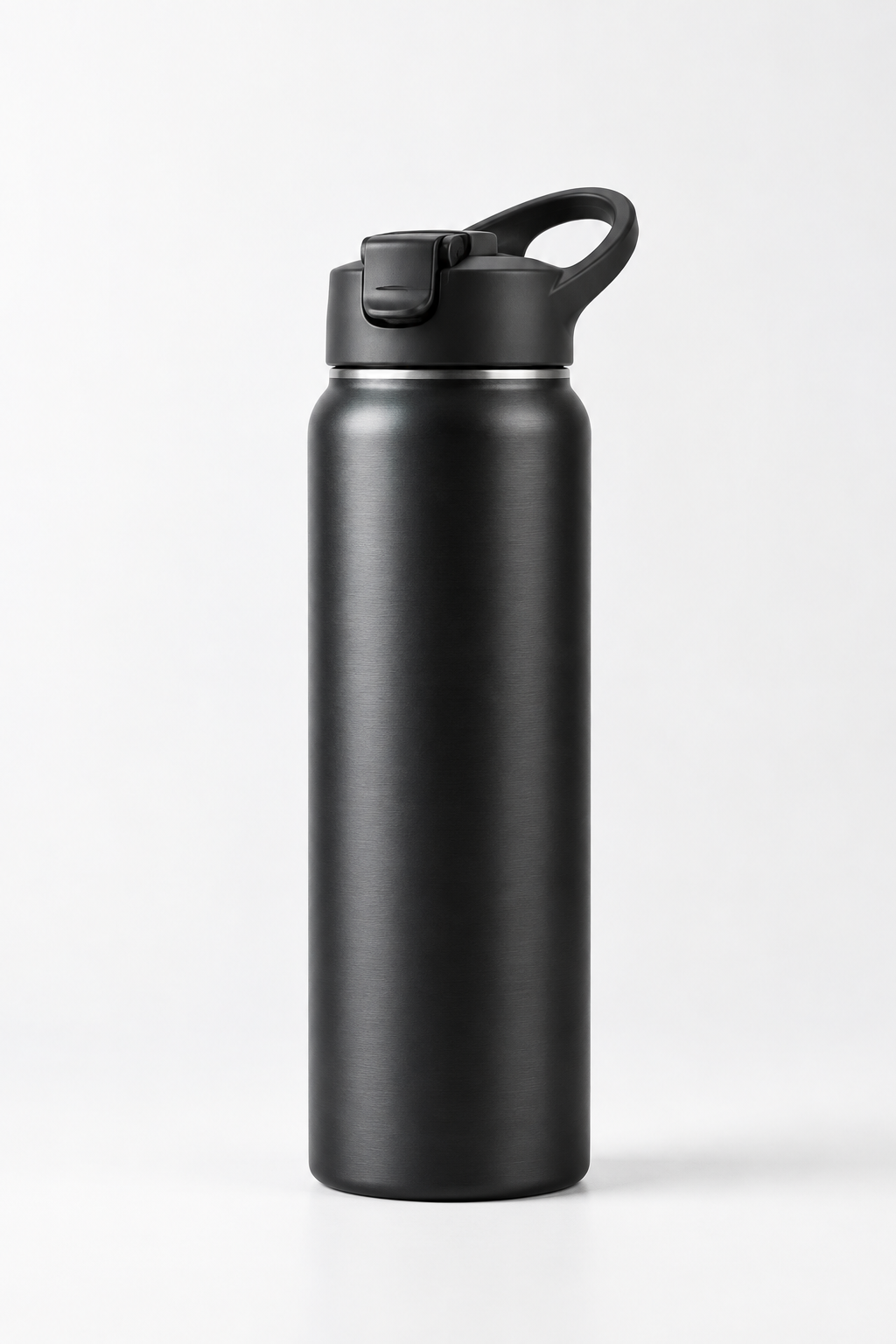 Matte black stainless steel sport bottle with flip-top lid and carry loop, photographed on a clean light background
