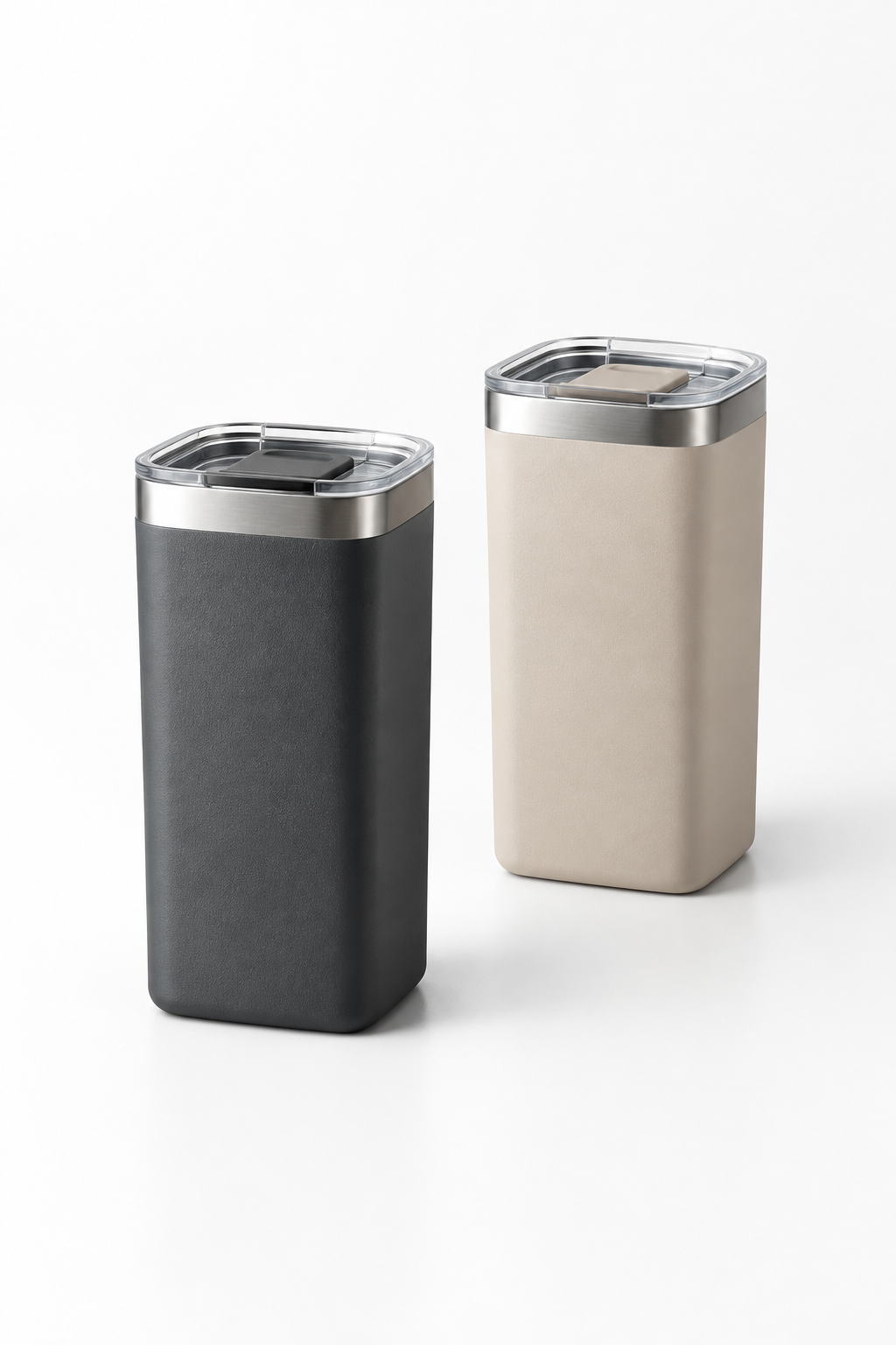 Matte-finish square stainless steel tumbler set in charcoal and sand tones on a clean white studio surface
