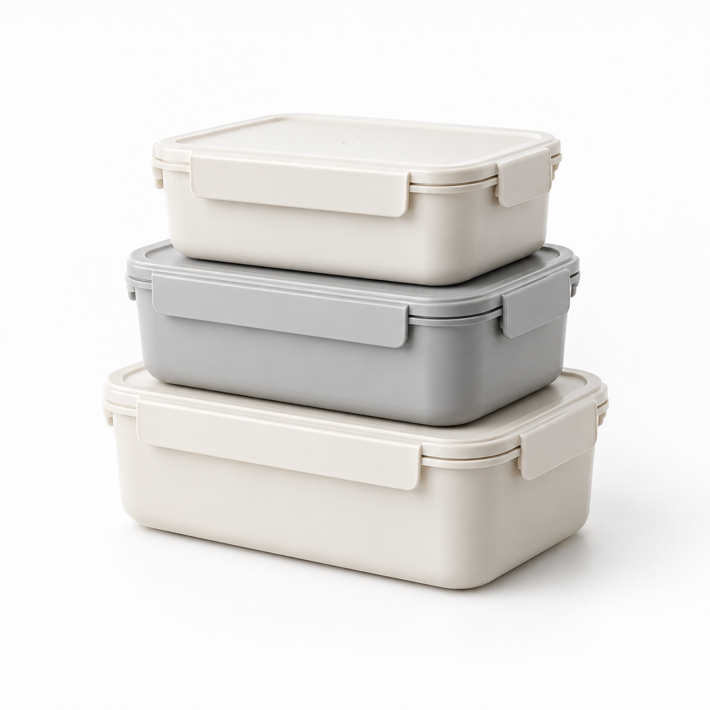 Main stack of matte rectangular food containers with snap lids in neutral tones
