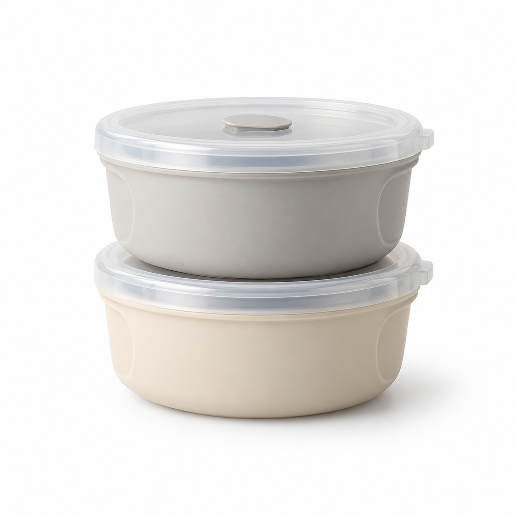 Compact round container pair stacked with translucent lids and carry-friendly shape