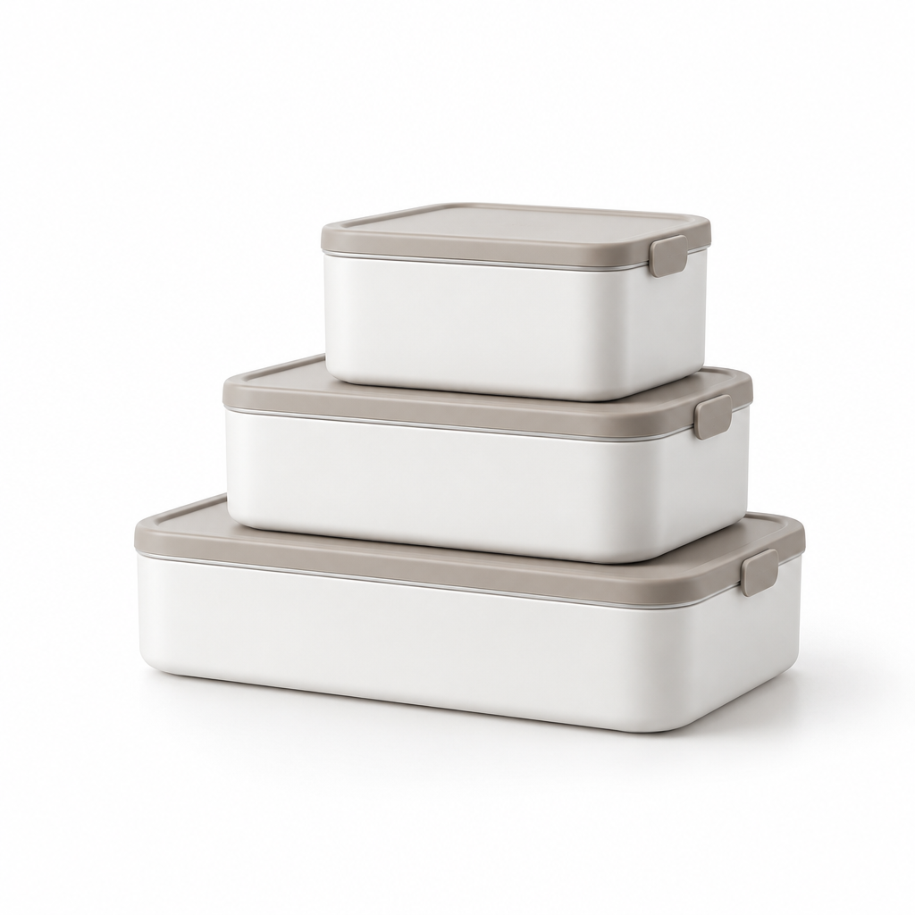 Slim rectangular meal box set with layered heights and clean white finish