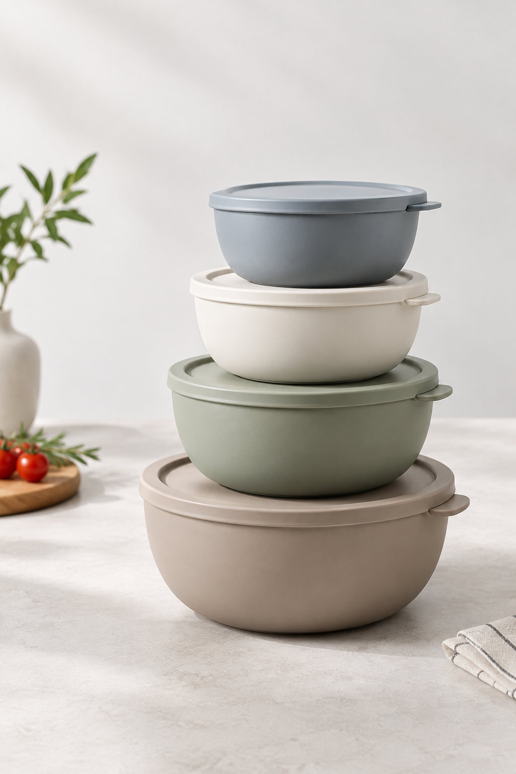 Premium stack of matte food-grade bowls in graduated sizes with fitted lids, shot on a clean studio background