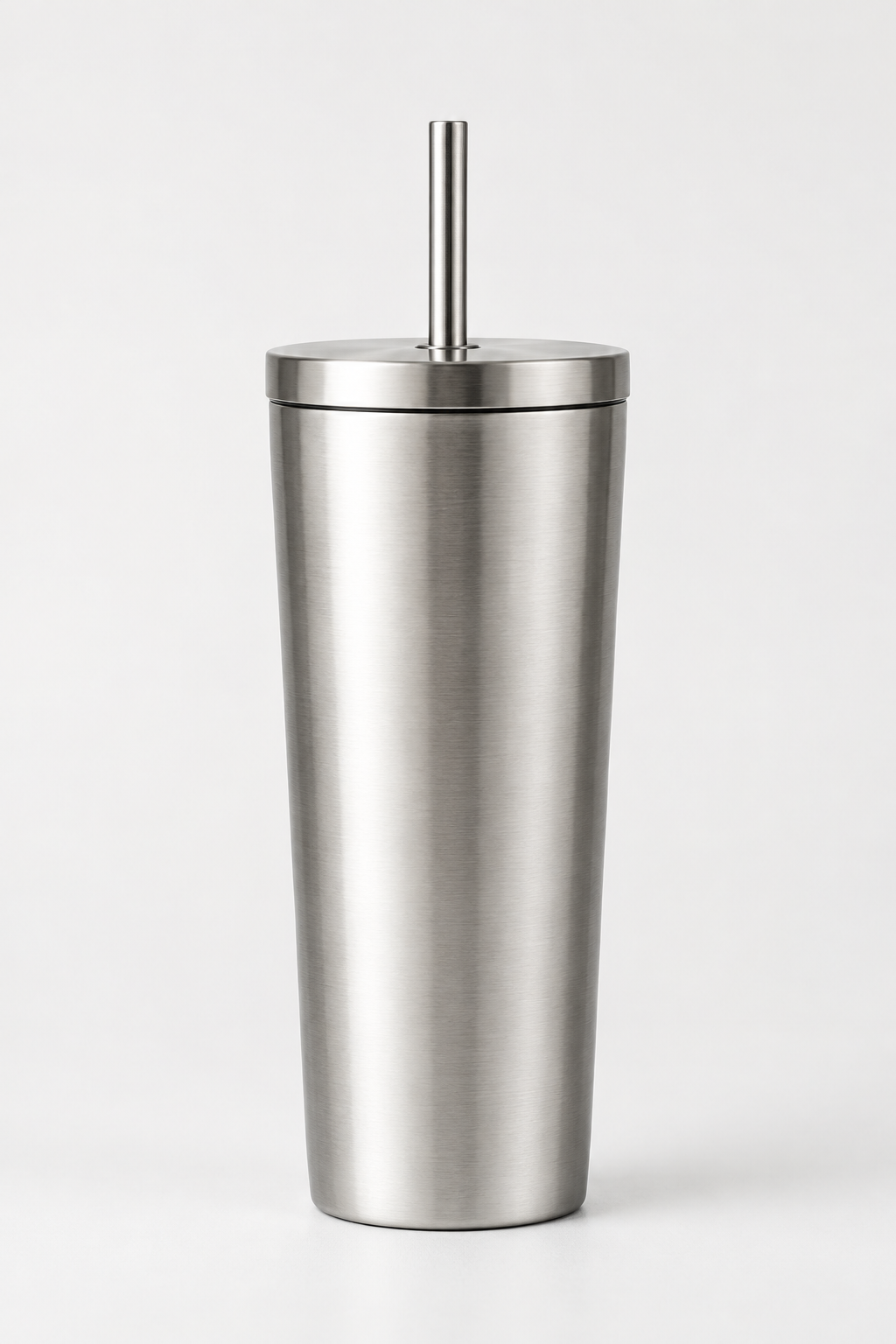 Tall brushed stainless steel straw tumbler with matching lid and straight straw, front hero view