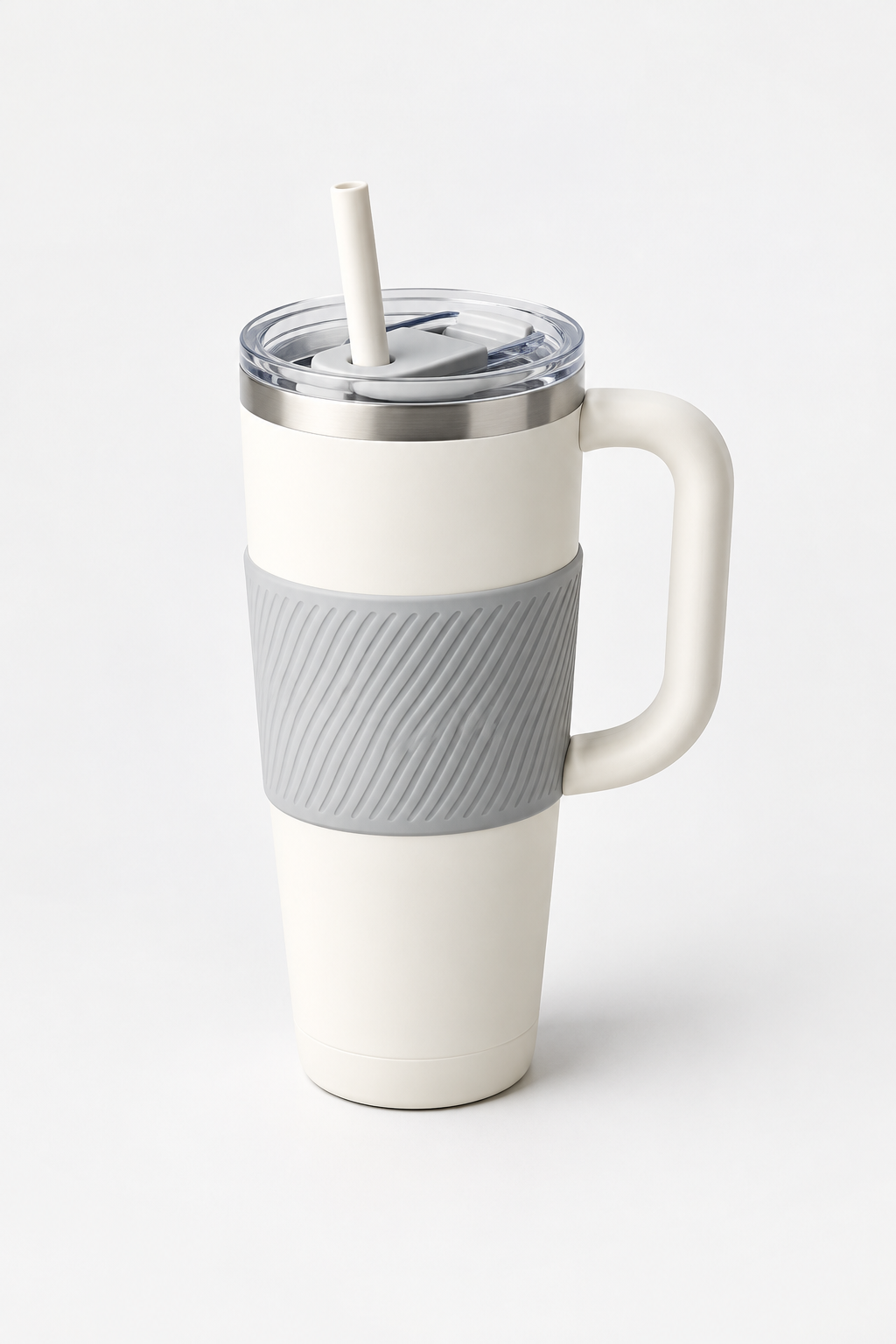 Cream-white insulated straw cup with carry handle and silicone sleeve, three-quarter angle