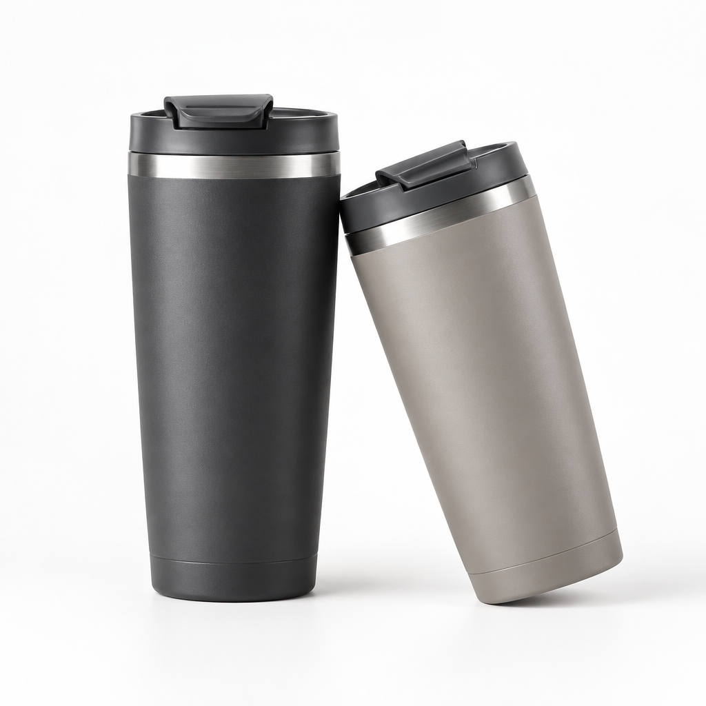 Two modern insulated travel cups with clean matte finish, one standing and one angled, on a bright neutral studio surface