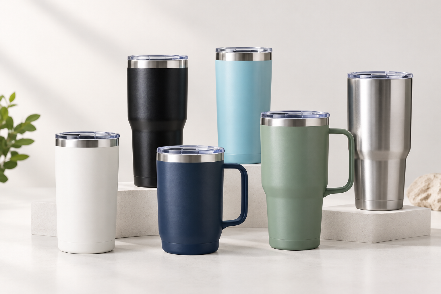Premium tumbler lineup with classic straight tumblers handled tumblers and color-coated stainless steel finishes in a studio setup