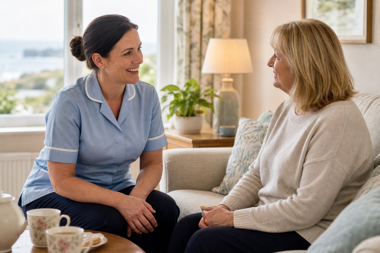 Professional home carer having a warm conversation with a family member in a bright living room