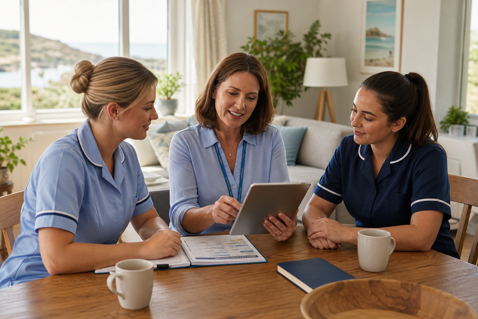 Warm home-care team coordination scene in Guernsey with a care professional and provider reviewing staffing plans in a bright domestic living room