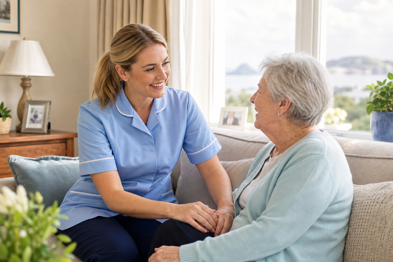 Friendly home-care professional supporting an older person in a bright living room