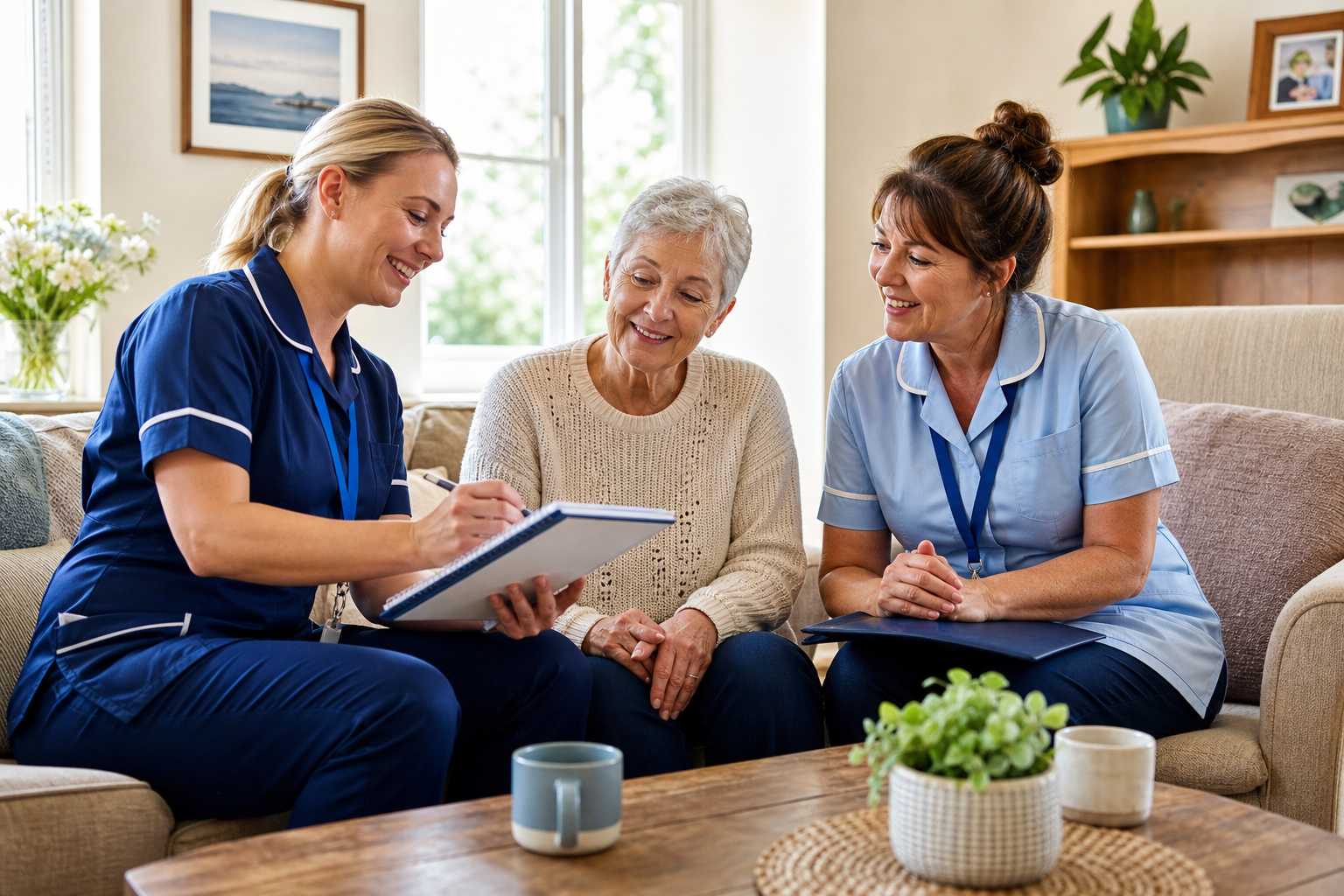 A home care professional and healthcare colleague discussing a personalised care plan with an older adult in a bright living room