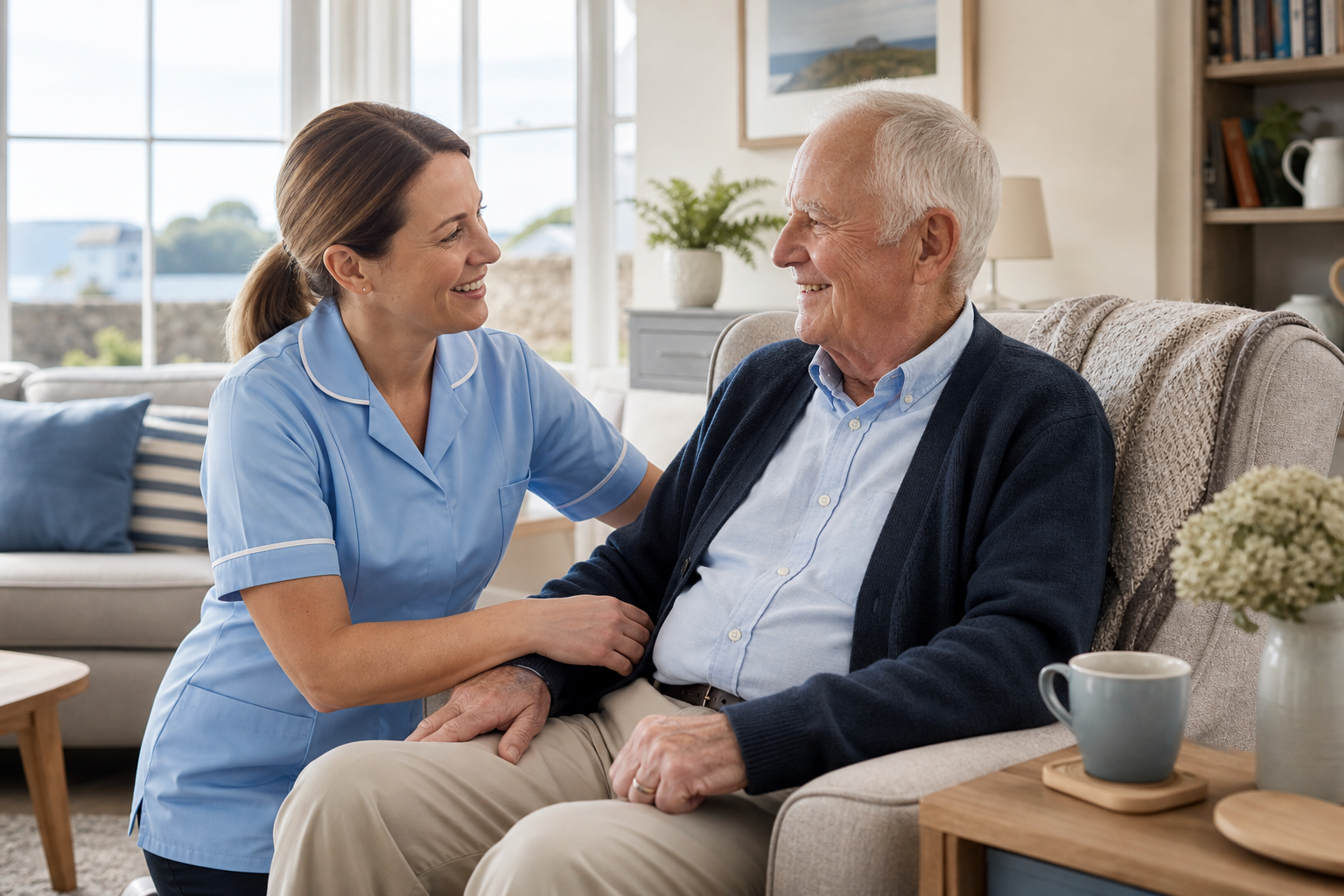 Friendly home carer supporting an older person in a bright, comfortable living room with natural daylight