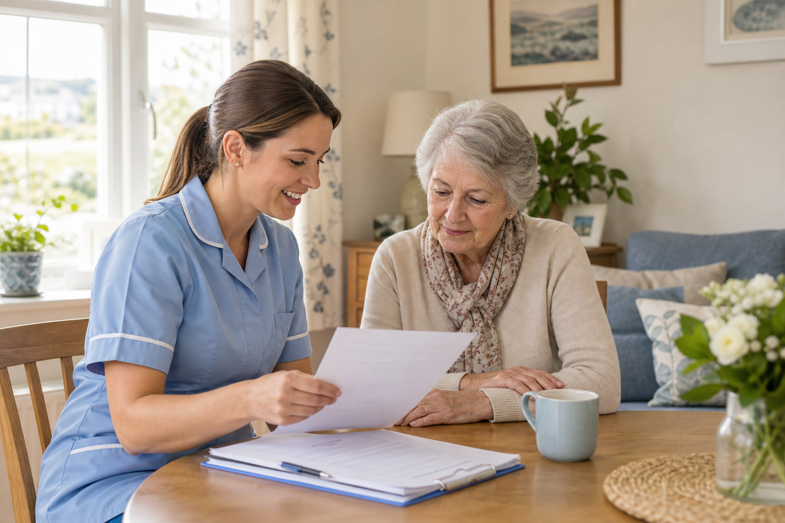 Professional caregiver reviewing a home care plan with an older adult at a dining table in a bright domestic living room