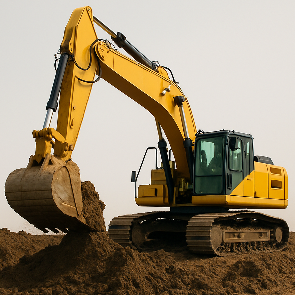 Large yellow excavator available for construction site rental