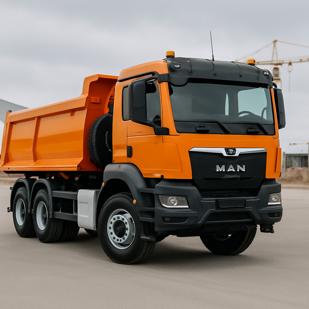 High-quality orange MAN dump truck available for heavy construction site rental