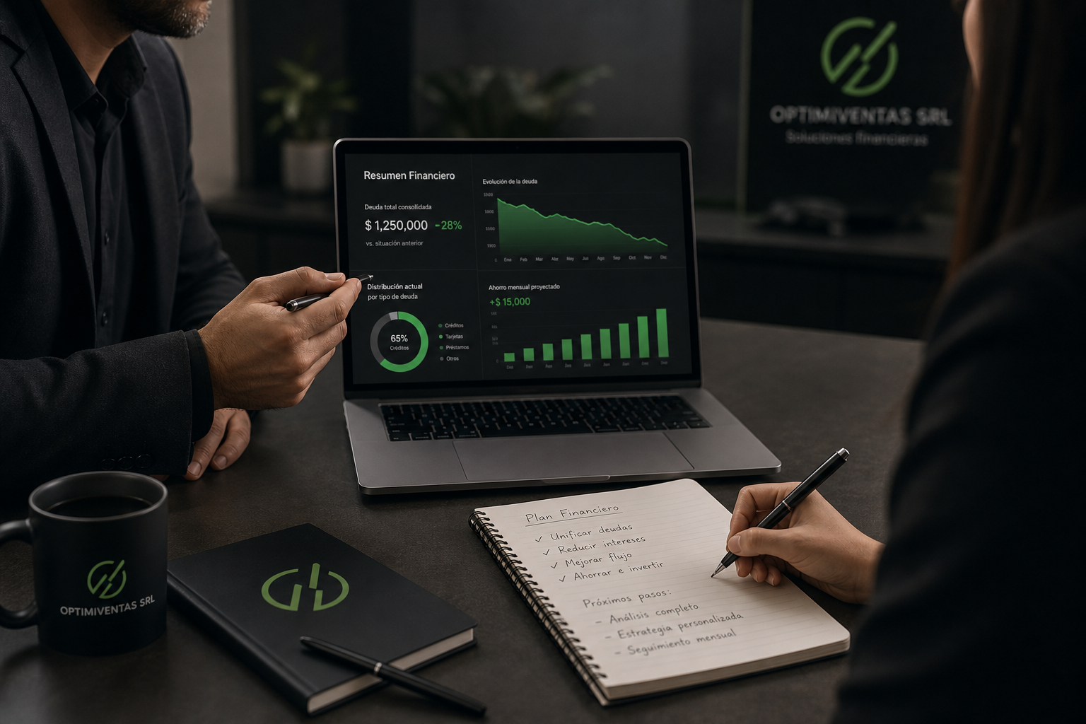 Reunión de asesoría financiera con una laptop mostrando gráficos verdes y cuaderno de notas, iluminación suave y ambiente profesional