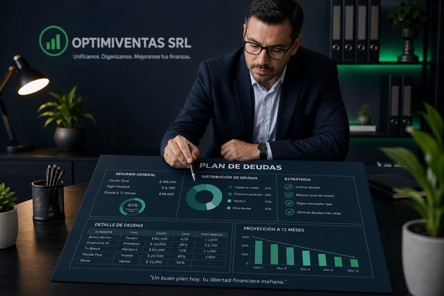 Asesora financiera revisando un tablero con deudas organizadas, documentos en tonos azul oscuro y acentos verdes sobre una mesa moderna