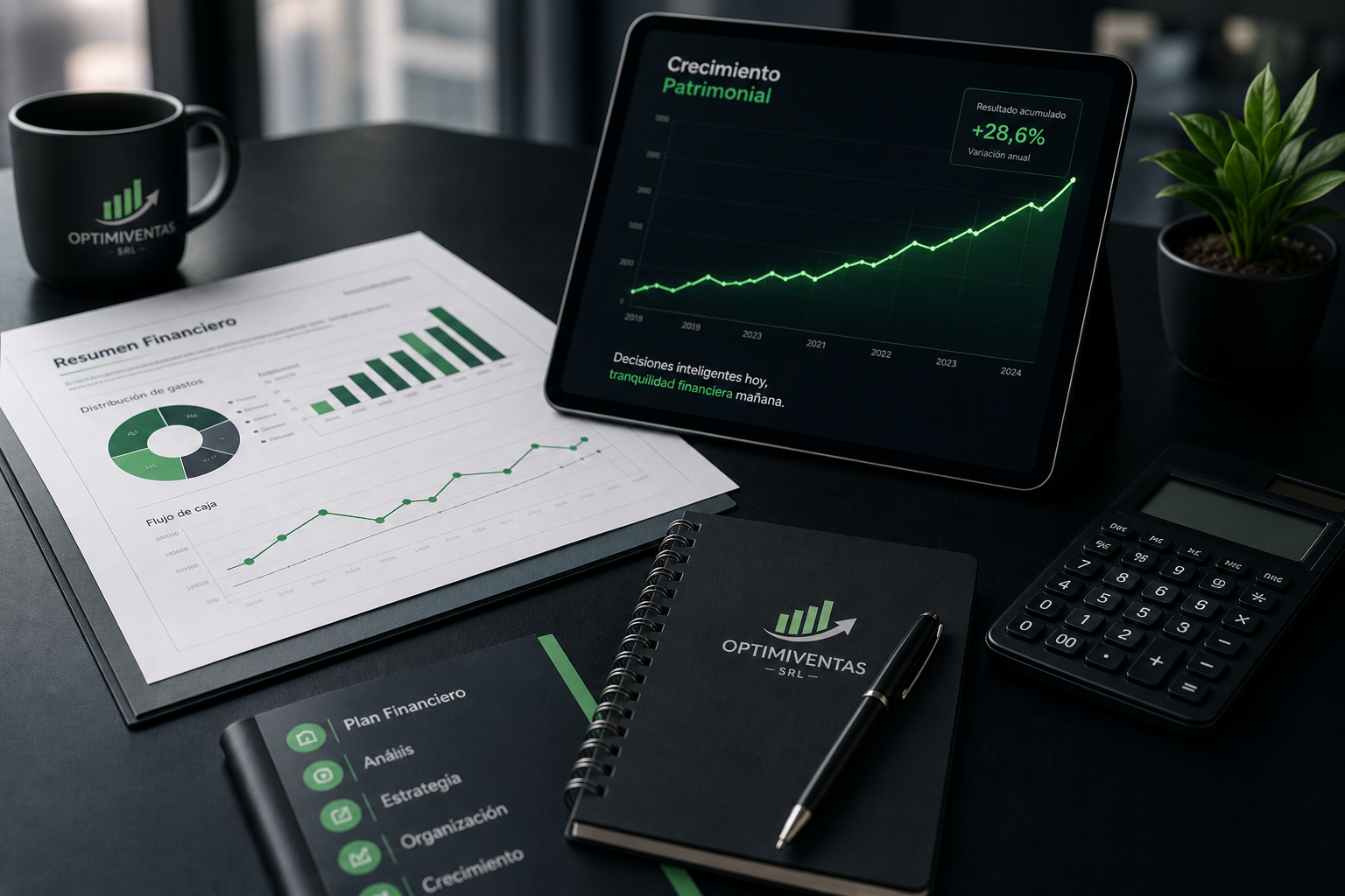 Escritorio moderno de asesoría financiera con informes impresos, tablet mostrando gráfico de crecimiento verde y calculadora, iluminación suave y tonos oscuros profesionales
