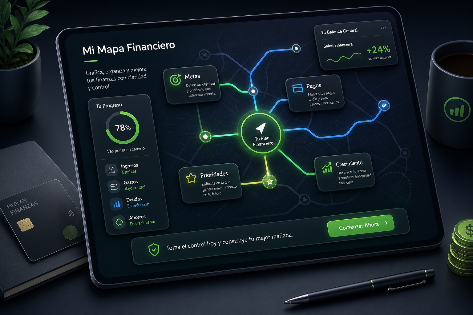 Ilustración moderna de un mapa financiero con rutas verdes y azules que conectan metas y pagos en un tablero digital, estilo fintech limpio