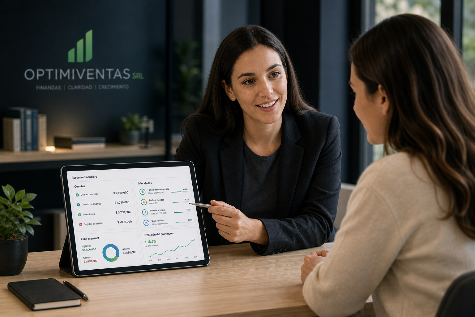 Consultora financiera revisando un panel con cuentas y prioridades junto a un cliente, ambiente profesional y moderno
