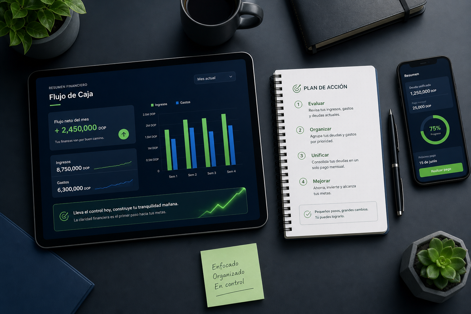 Mesa de trabajo con tablet mostrando gráfico de flujo de caja y notas de seguimiento, tonos verdes y azules