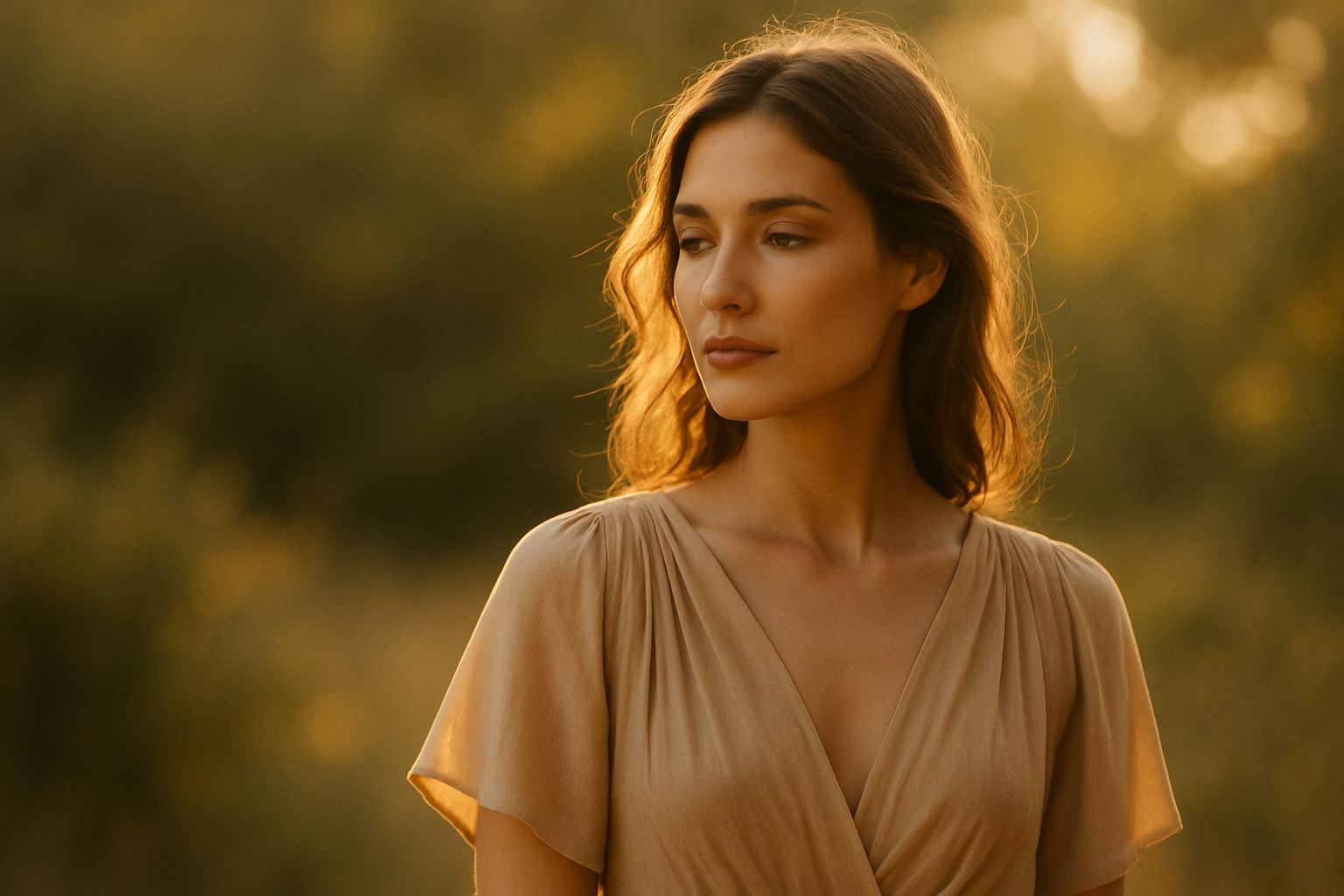 Warm-toned cinematic portrait of a woman in golden hour light, editorial photography style