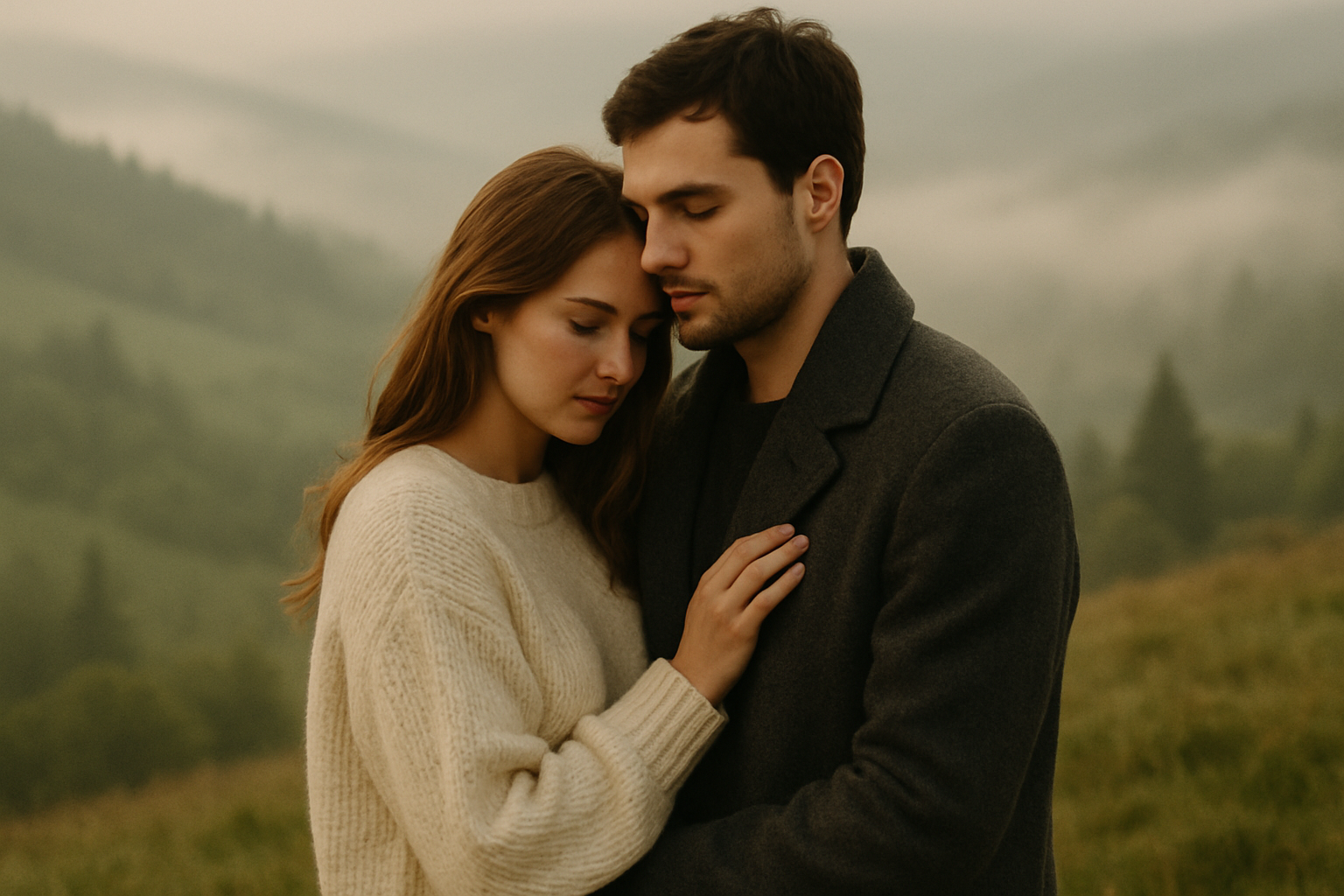 Couple in tender embrace on a misty morning hillside with soft pastel tones