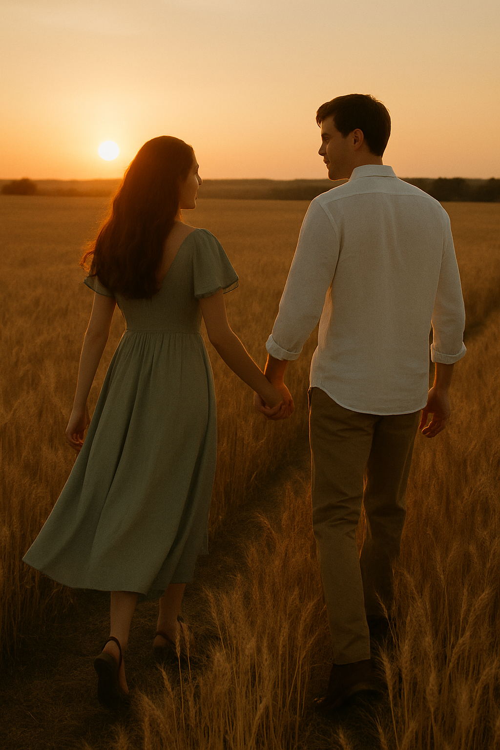 Couple walking hand in hand through a golden wheat field at sunset with warm cinematic tones
