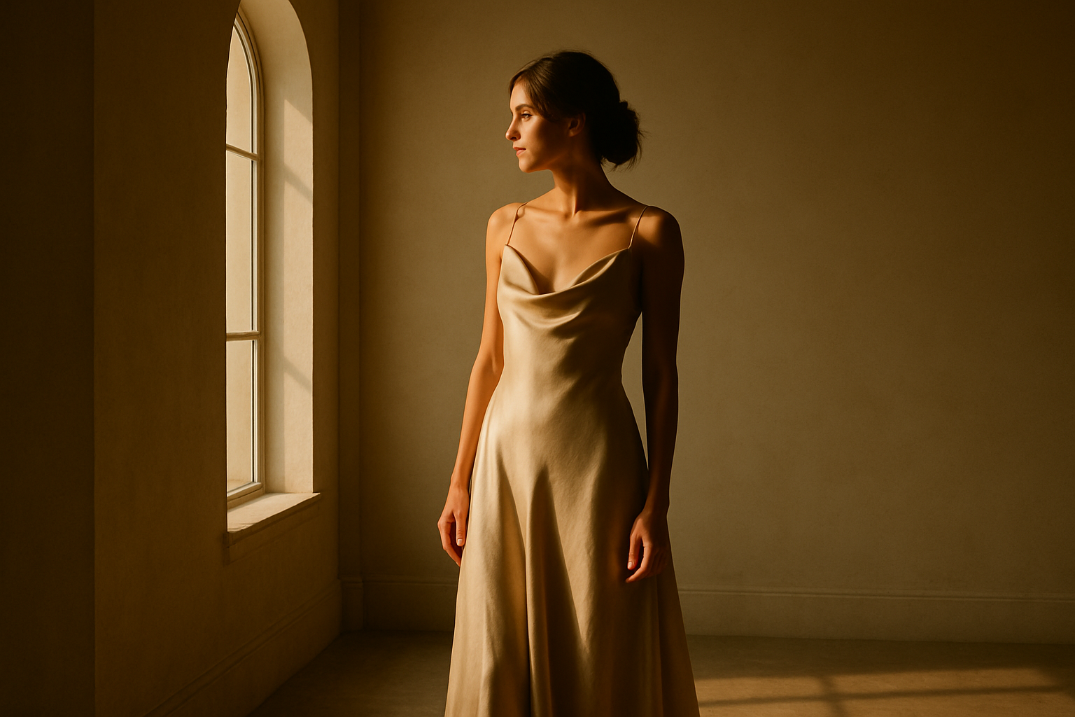 Editorial fashion portrait of woman in flowing silk dress standing by a tall window with dramatic side light