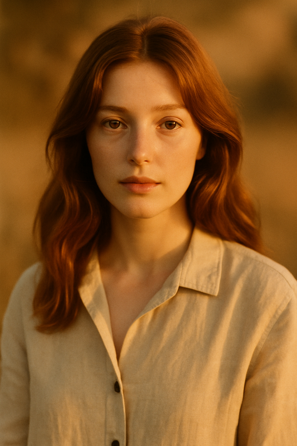 Grainy film portrait of young woman in vintage linen shirt gazing softly at camera in warm amber light