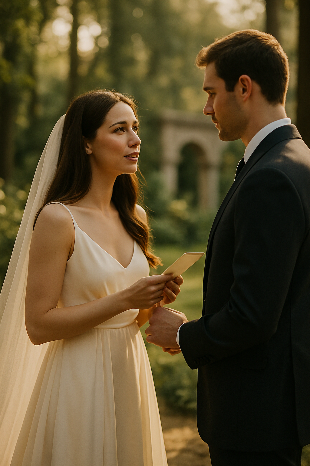 Bride and groom exchanging vows under golden afternoon light in a historic garden