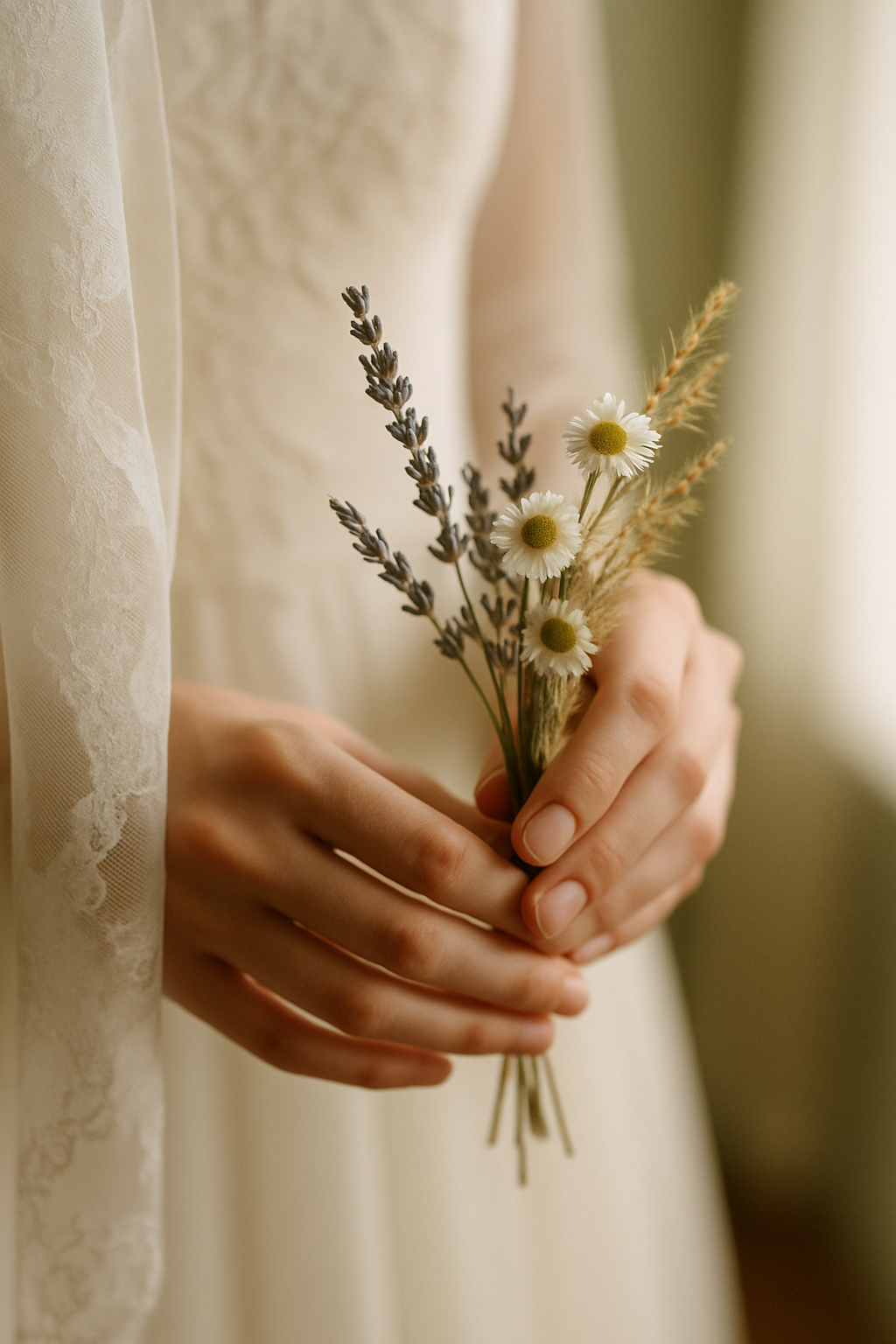 Close-up of bridal hands holding a delicate wildflower bouquet with lace veil in soft natural light