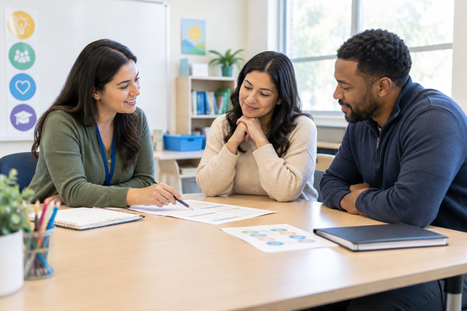 School support team and family meeting around a table with notes and a student plan, showing collaborative coordination between home and school