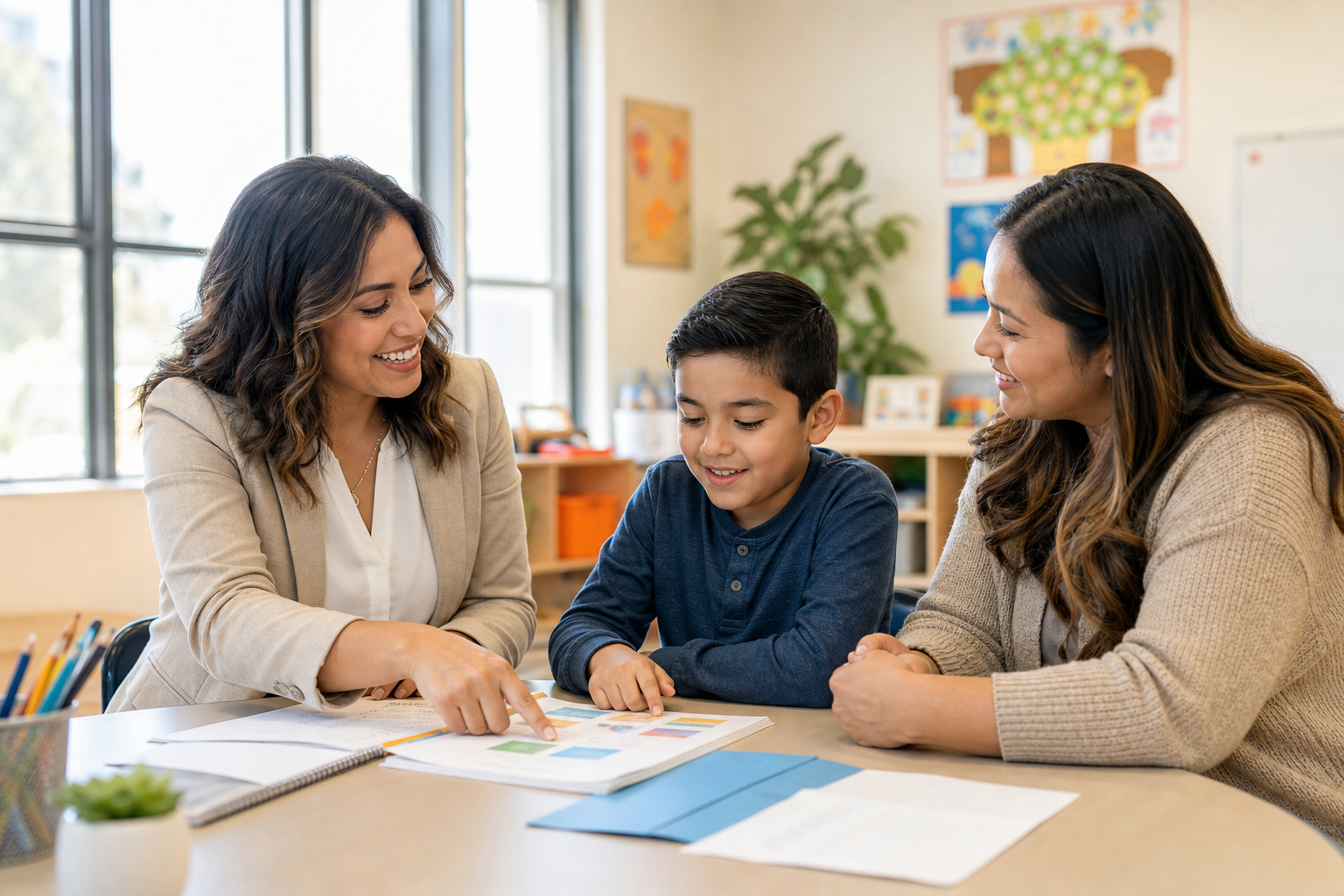 School support specialist collaborating with a parent and student at a classroom table
