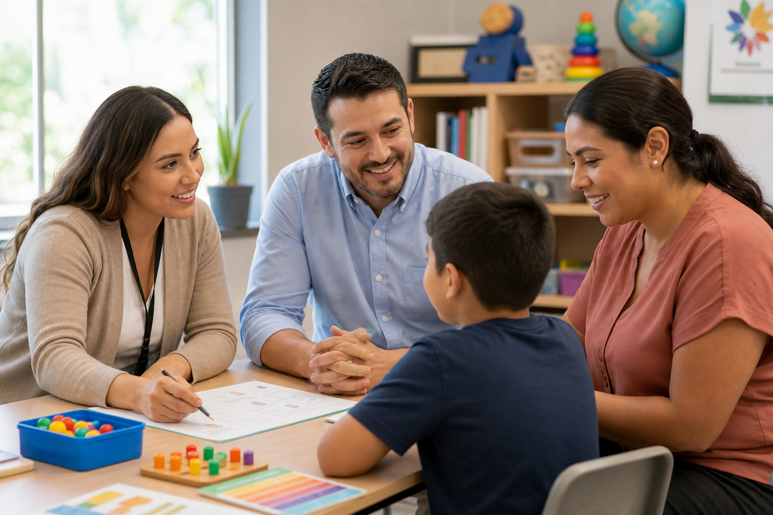 A therapist, teacher, parent, and student collaborating around classroom materials in a warm school support setting
