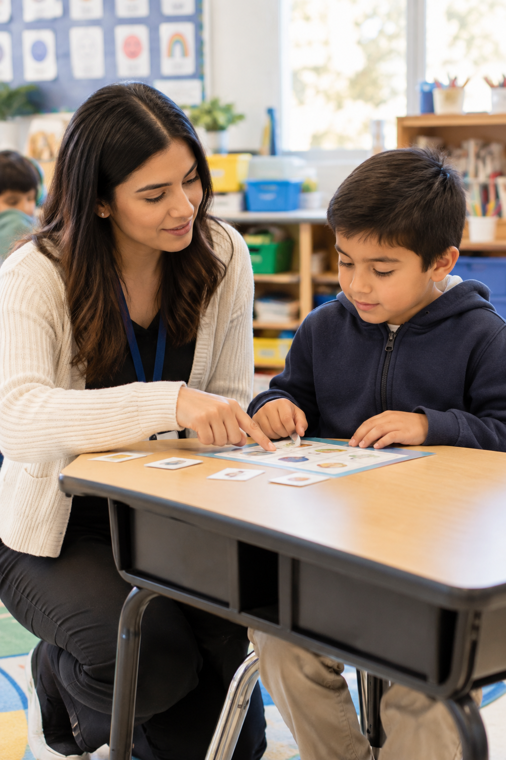 Support professional guiding a young student during a focused classroom activity