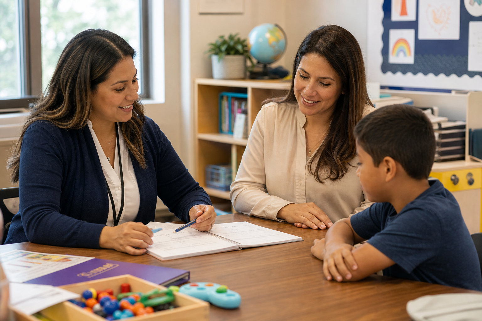 A school support specialist and parent reviewing a student-centered plan together at a classroom table