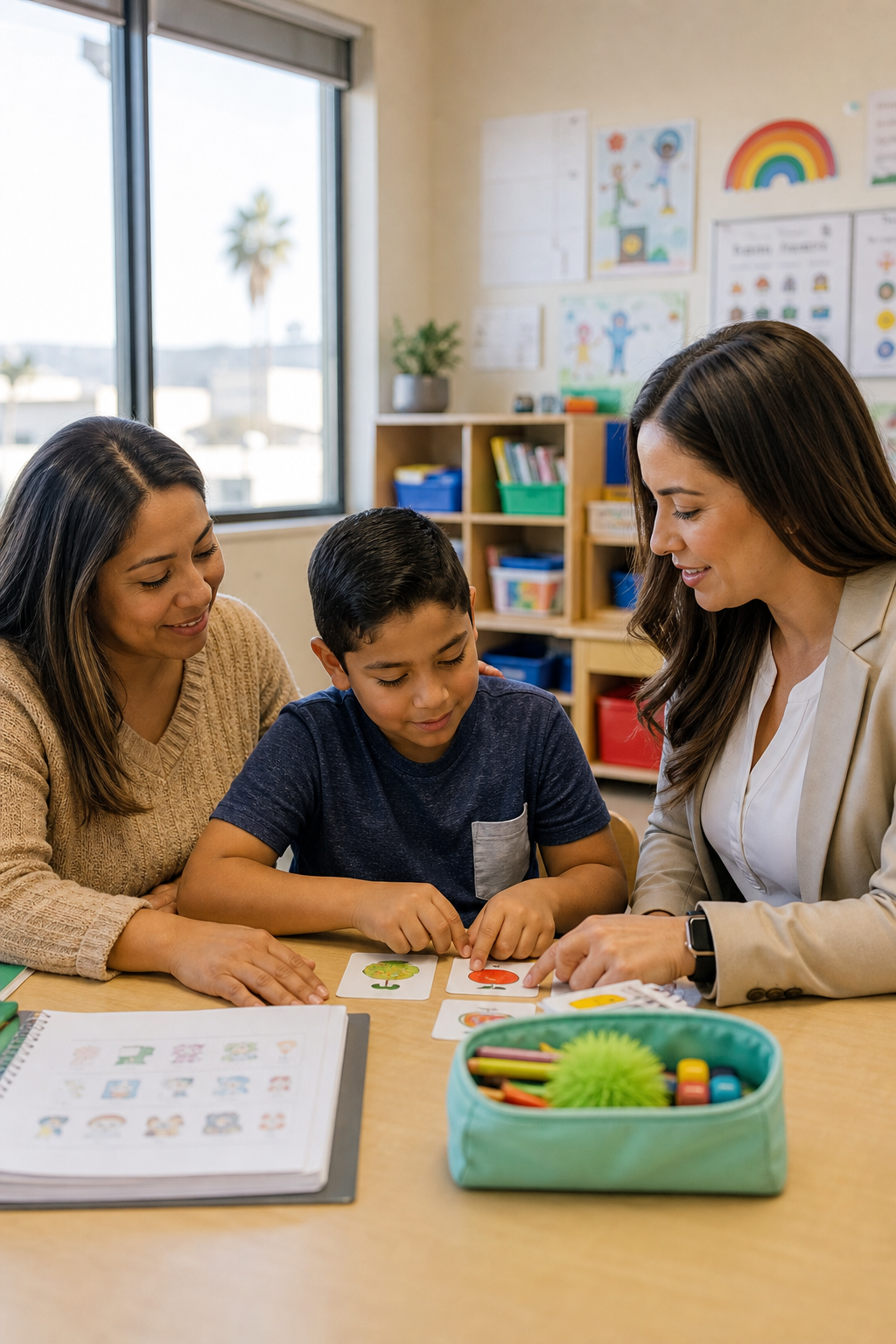 An educator and caregiver supporting an elementary student during a calm one-on-one learning activity in a bright Southern California classroom