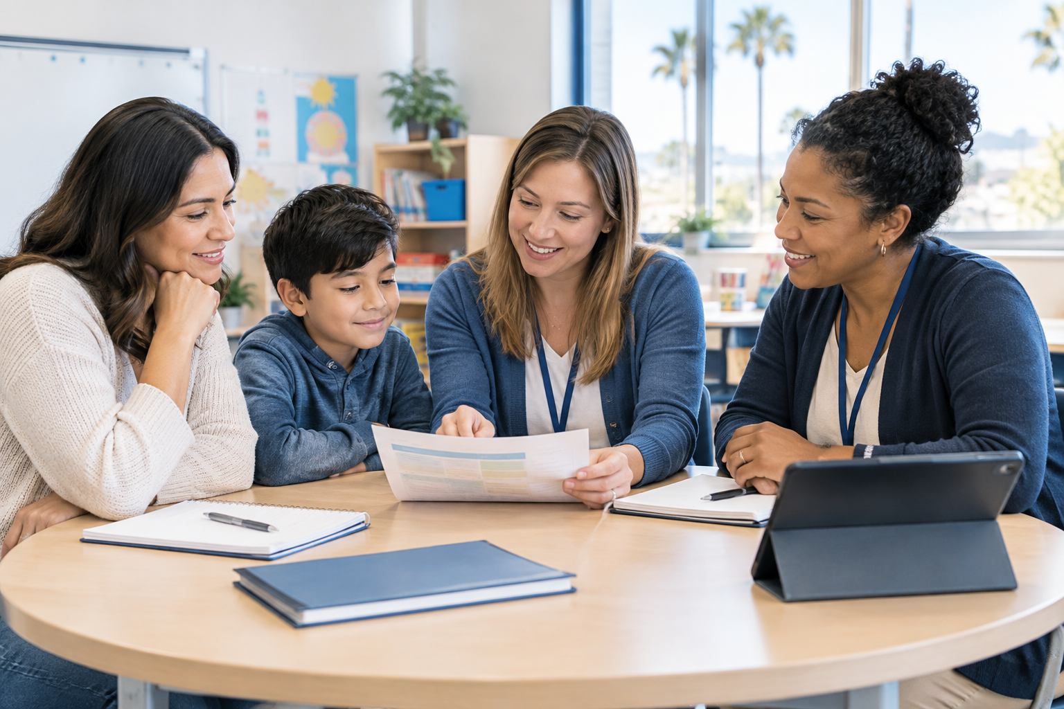 Warm collaboration meeting with a parent, educator, and child support specialist reviewing a care plan in a bright classroom