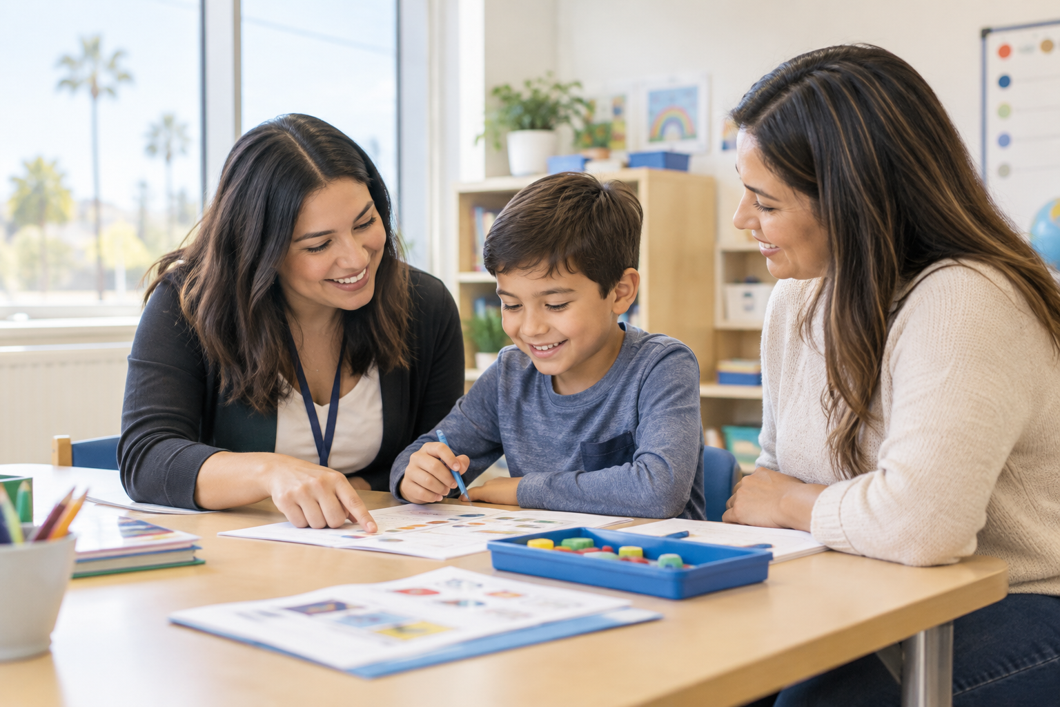 School support specialist seated with a parent and elementary student at a classroom table reviewing learning materials together in warm natural daylight