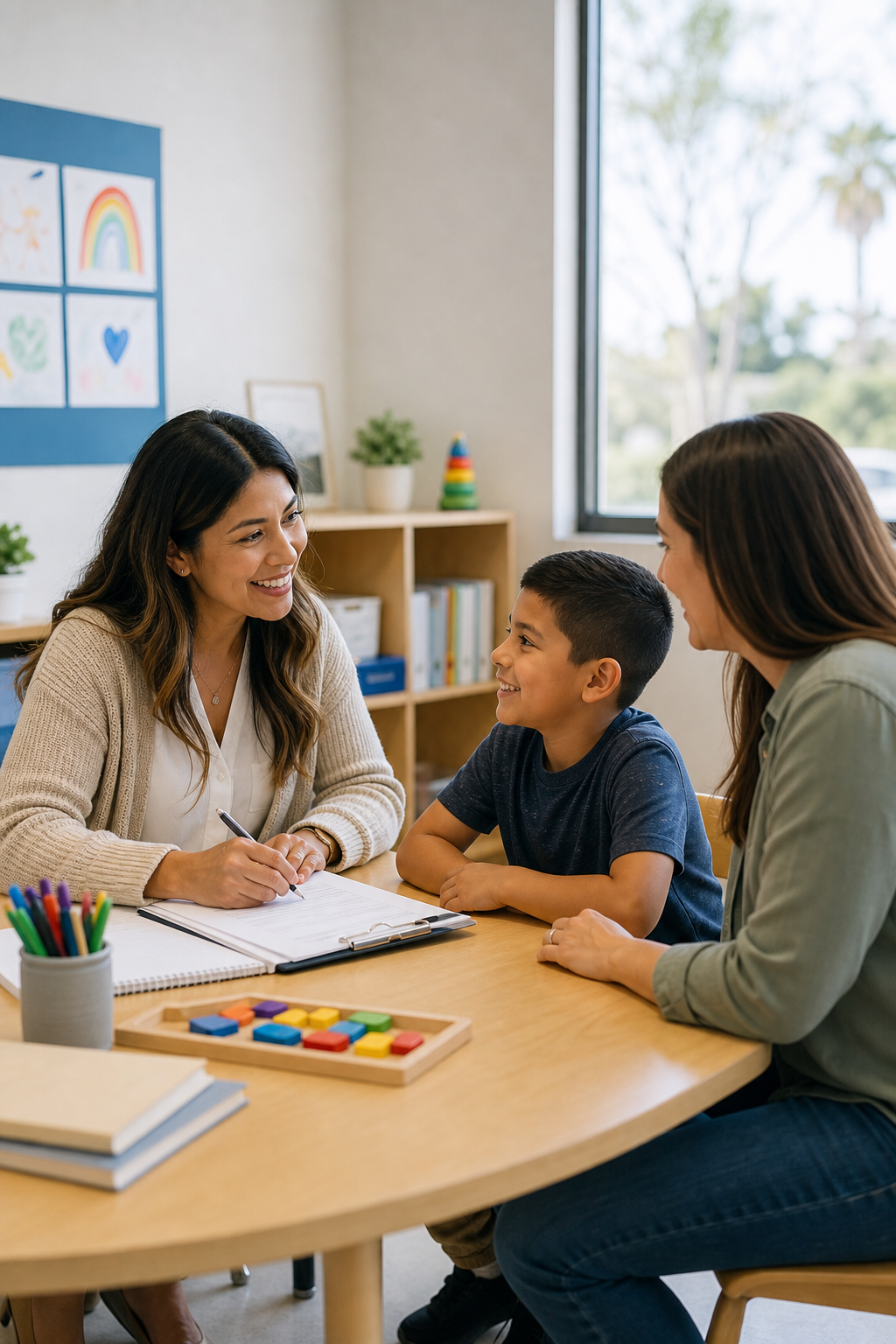 Caring professional in conversation with a parent and child in a bright school support setting