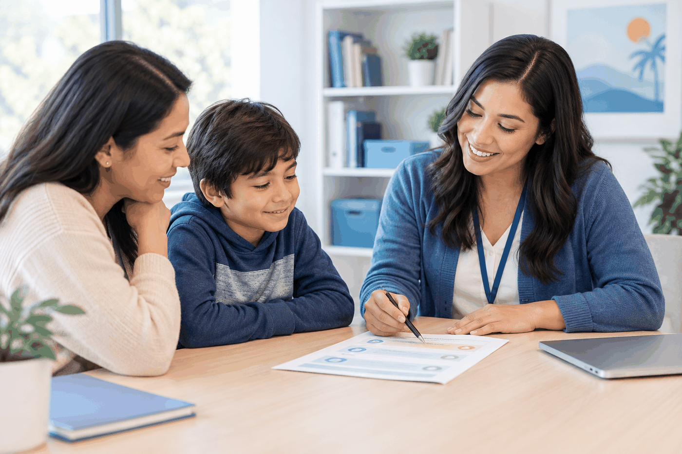 Care coordinator meeting with a parent and child at a bright table, reviewing a simple support plan together in a warm, professional setting