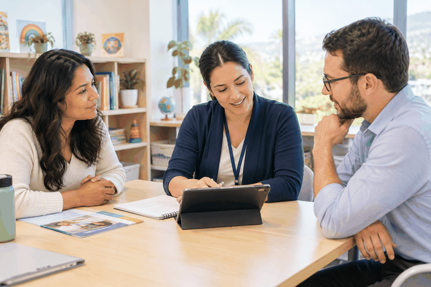 Warm professional planning conversation between a care provider and a family partner in a bright Southern California setting