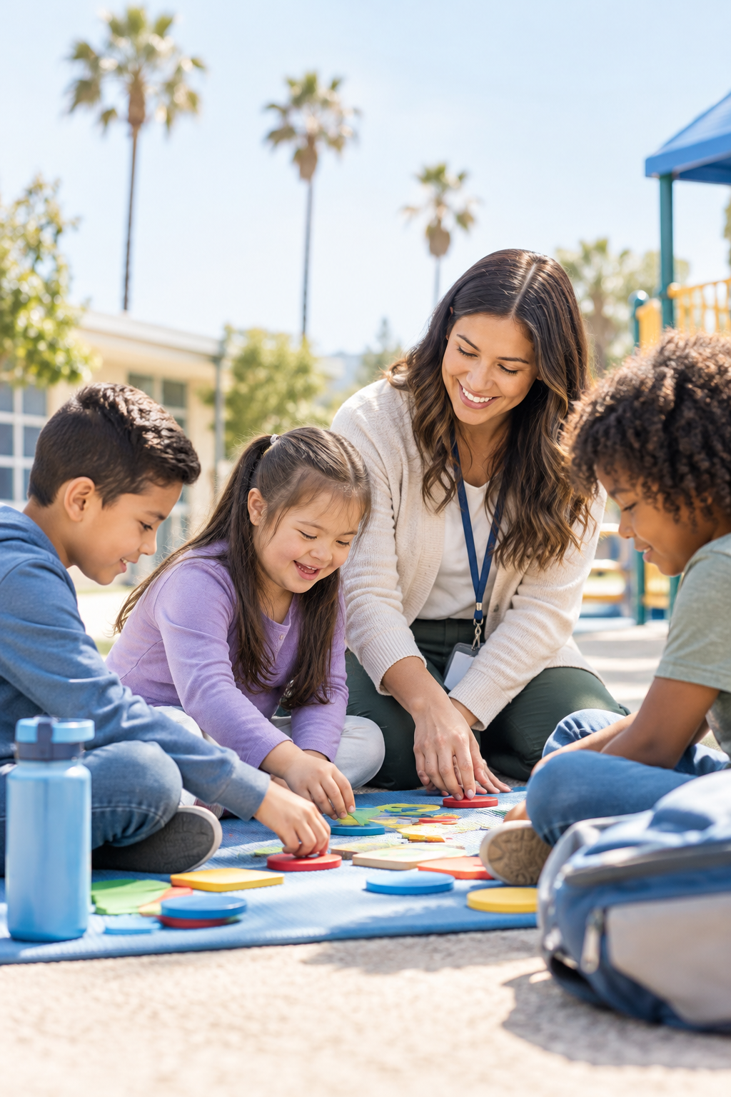Inclusive outdoor support scene with children and a caring specialist engaging in collaborative play and learning